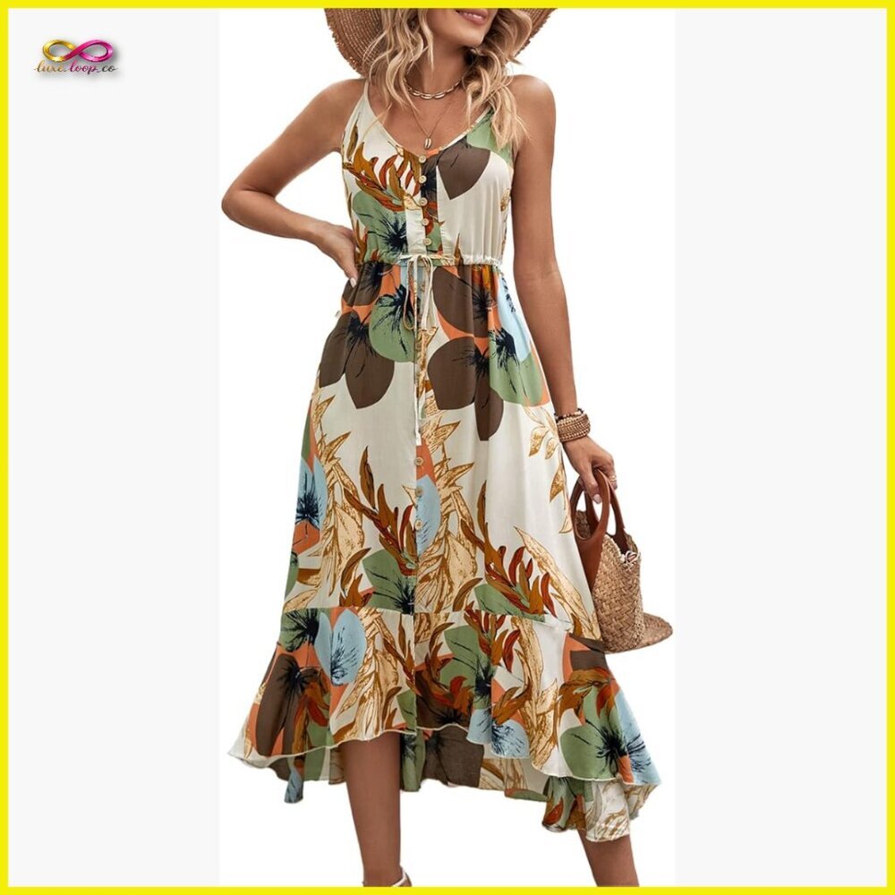 Boho Sundress V-Neck Spaghetti Strap Flowy Midi Dress Summer Casual Chic